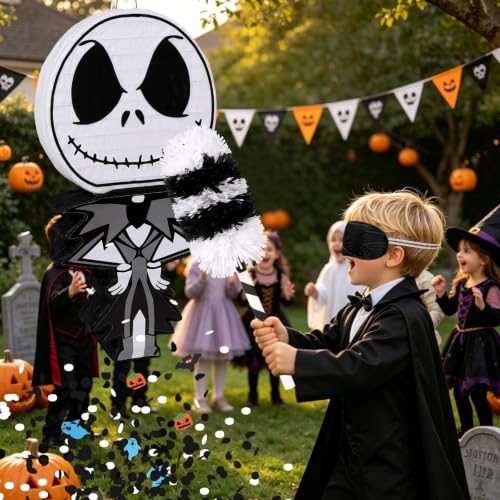 Halloween Skeleton Piñata Set - Spooky Black & White Character with Hitting Stick & Confetti - Goth Party Game Kit