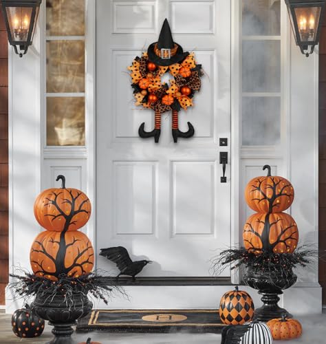 Halloween Wreath for Front Door - 16 Inch Tinsel Black Witch with Hat, Legs & Pumpkin - Orange & Black Variation