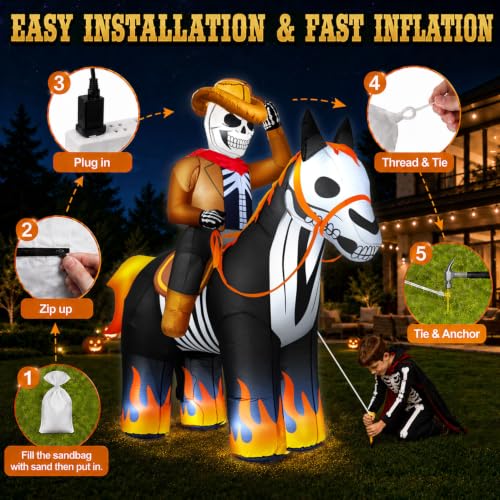 7FT Halloween Inflatable Skeleton Cowboy Riding Flame-Hoofed Horse Outdoor Decor