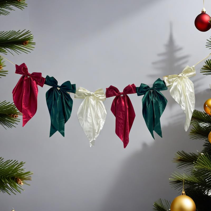 Christmas Bow Garland - Holiday Party Decorations for Home & Events, 6 Bows