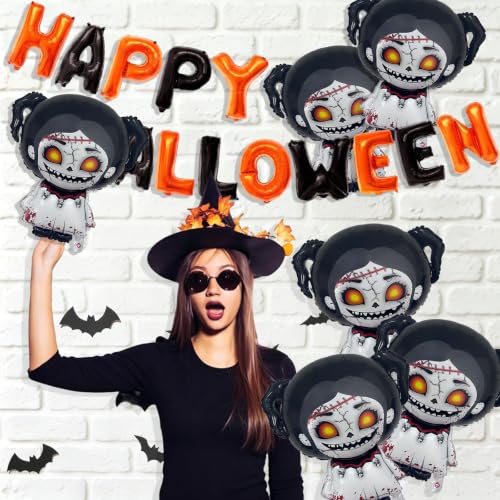 Halloween Party Decorations Skull Banner & Horror Doll Balloons Set