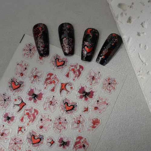 Halloween Nail Stickers 3D Red Spider Web Bat Love Design - Horizontal & Silver Variation