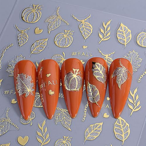 Halloween Nail Stickers - Gold Foil Spider Web Pumpkin Leaves Design 6 Sheets