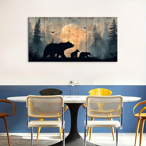 48 Inch Rustic Bear Wall Art - Farmhouse Forest Canvas Painting, Black Beers Variation