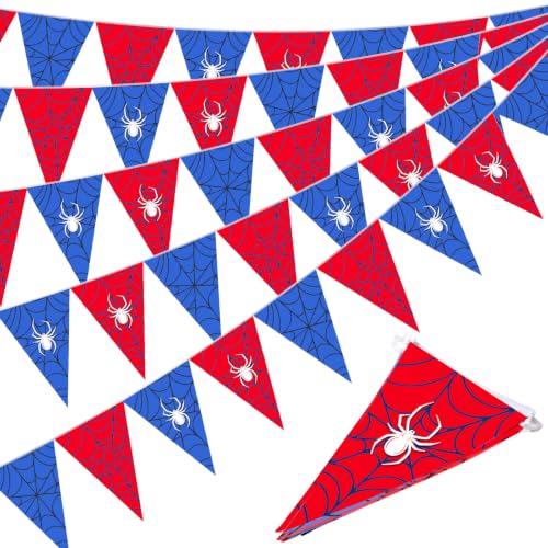 Spider Web Birthday Party Decorations Banner - Red & Blue Flags, 49.2 ft, 5 Pcs