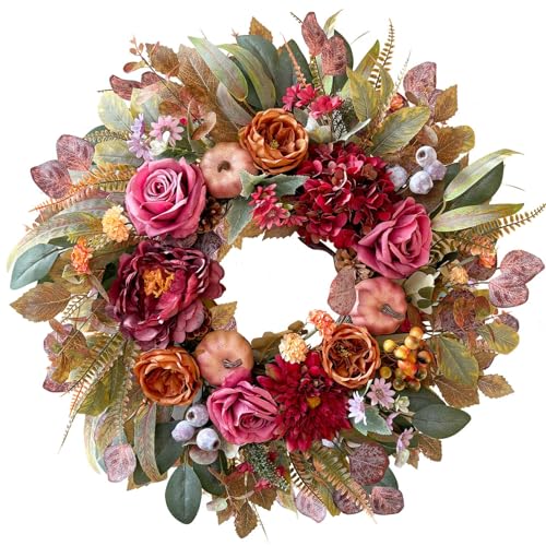 24-Inch Fall Floral Front Door Wreath with Burgundy Roses & Pumpkins - Farmhouse Harvest Decor