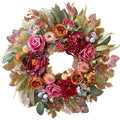 24-Inch Fall Floral Front Door Wreath with Burgundy Roses & Pumpkins - Farmhouse Harvest Decor