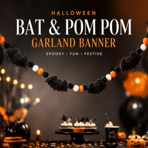 8.2ft Rustic Wood Bead Felt Bat Garland Halloween Decorations