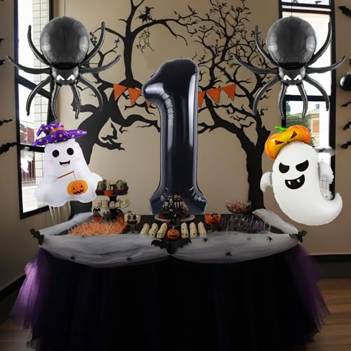 Halloween Balloons Set - 5 Pcs Ghost, Spider, Pumpkin & Number 1 Decorations - Black & Purple Theme