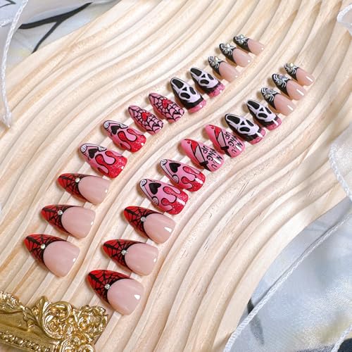 Halloween Press On Nails Set - Ghost Spider Web Blood Drop Rhinestones, 13 Variations