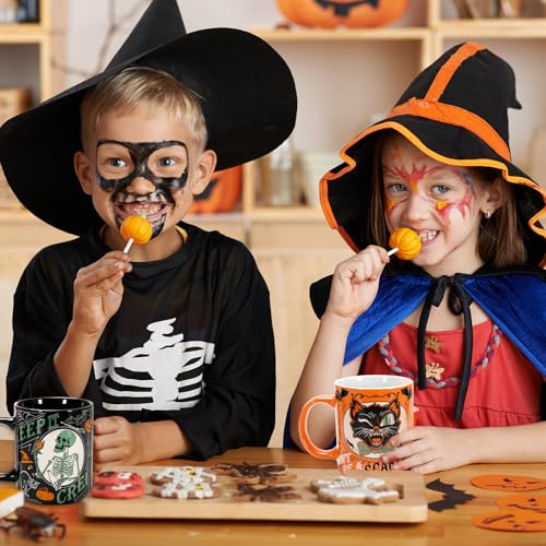 Halloween Ceramic Mug Set - Spooky Pumpkin Black Cat Ghost Skeleton 12oz Coffee Cups