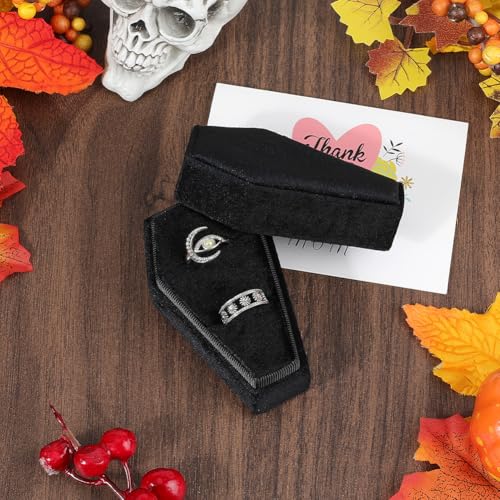 Gothic Coffin Ring Box with Velvet Interior and Silver Polishing Cloth - Black Jewelry Organizer for Weddings Halloween