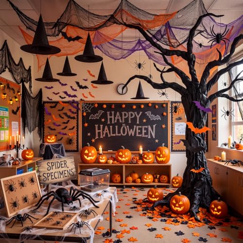 Halloween Decorations Kit - 167pcs Spooky Classroom Party Decor with Bats Spiders & Witch Hats - Variation: Halloween