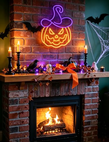 Halloween Neon Sign Pumpkin Witch Hat Variation - Spooky Party Decor