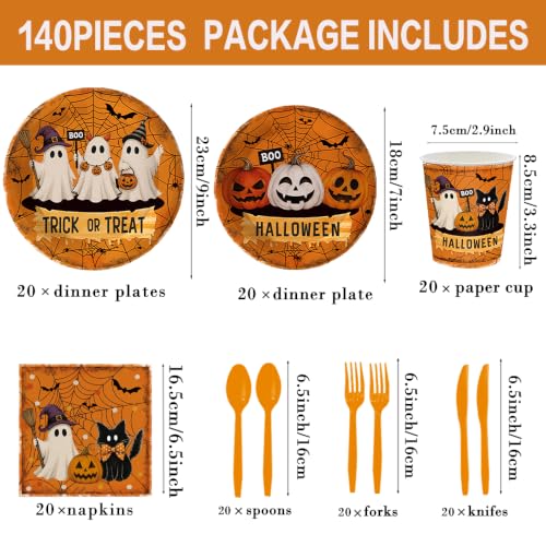 Halloween Party Supplies Set with Plates Cups Napkins & Utensils - Orange Pumpkin Ghost Design, Serves 20
