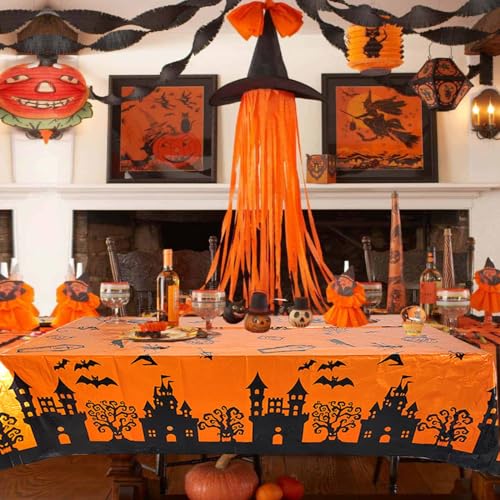 Halloween Tablecloth Set - Classic Spooky Haunted House & Ghosts Design, Waterproof 54x73 Inches, 3 Pack