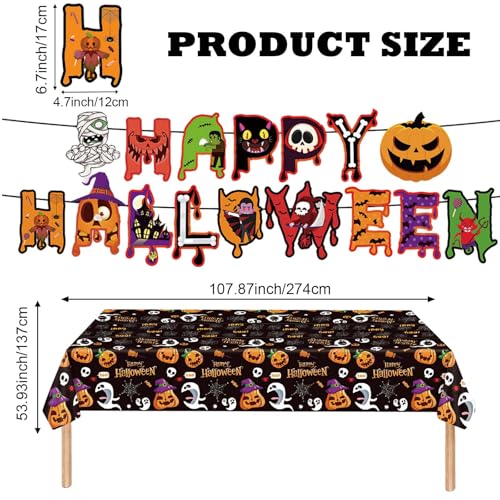Halloween Disposable Plastic Tablecloths with Banner - 2 Pack, 54x108 Inch, Black & Orange