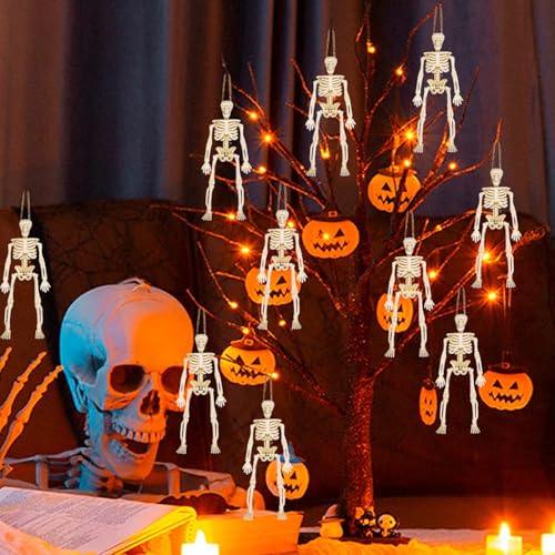 Mini Skeleton Figurines Set - 8 Plastic Halloween Decorations with Jute Rope