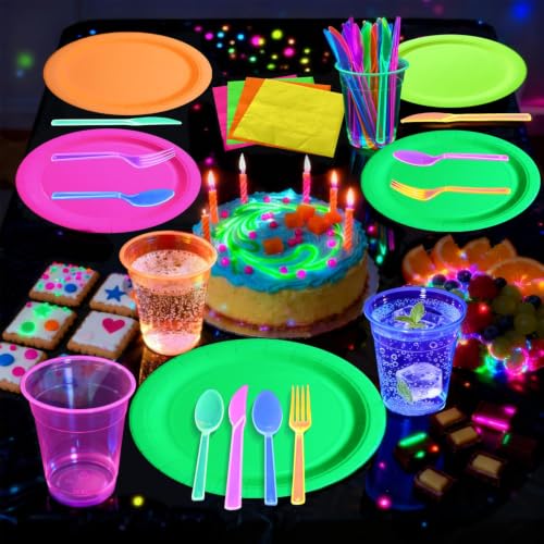 Glow in the Dark Party Supplies Set - Happy Birthday Variation - Serves 20