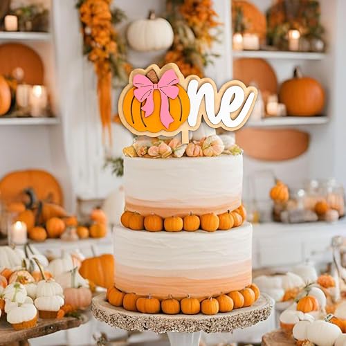Wooden Pumpkin Cake Topper with Pink Bow - Fall Halloween Thanksgiving Decor - Yellow Variation