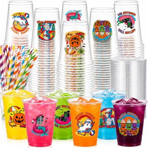 120 Set Summer Halloween Cups Lids Straws 16 oz Disposable Plastic Party Supplies