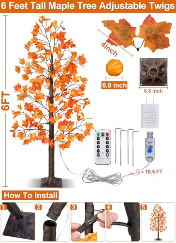 6 Ft Prelit Fall Maple Tree with 135 LED Lights, Timer & Remote Control - Indoor Outdoor Decor