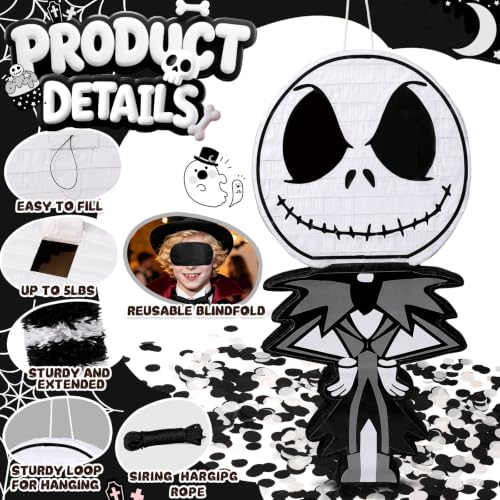 Halloween Skeleton Piñata Set - Spooky Black & White Character with Hitting Stick & Confetti - Goth Party Game Kit