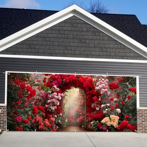 16x7ft Pink White Floral Garage Door Banner - Blossom Tunnel Backdrop - Variation 177