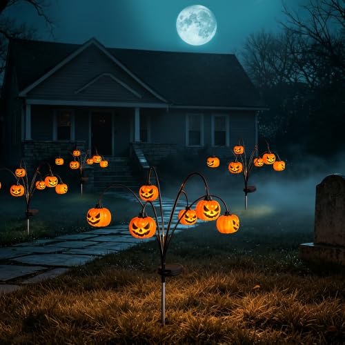 4 Pack Solar Halloween Pumpkin Lights Outdoor Decorations – Fall Lanterns with Swaying Motion & Steady or Flickering Modes