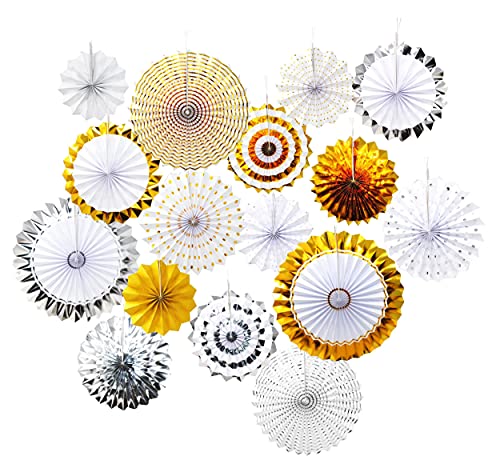 Gold and Silver Mandala Paper Fans Hanging Decorations for Events - Pack of 16