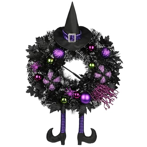 Halloween Wreath for Front Door 26 Inch - Black & Purple Witch Decor with Hat, Legs & Pumpkin