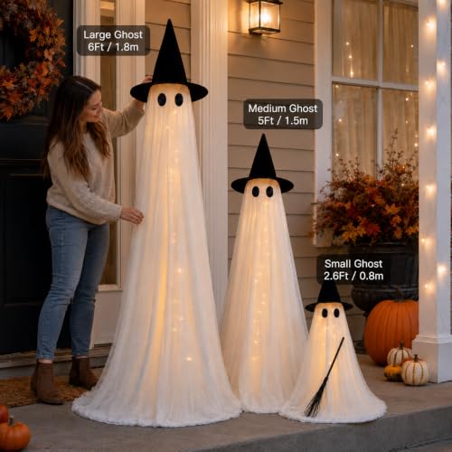 Halloween Outdoor Lighted Ghost Family 3 Pack - L+M+S with Timer & Remote