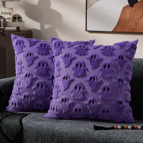 Halloween Pillow Covers 20x20 Inch Purple Ghost Set of 2 - Spooky Home Decor