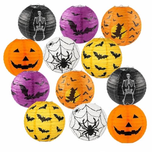 Halloween Paper Lanterns 12 Pack - 8 Inch Hanging Decorations with Pumpkin Bat Witch Skeleton Web Designs