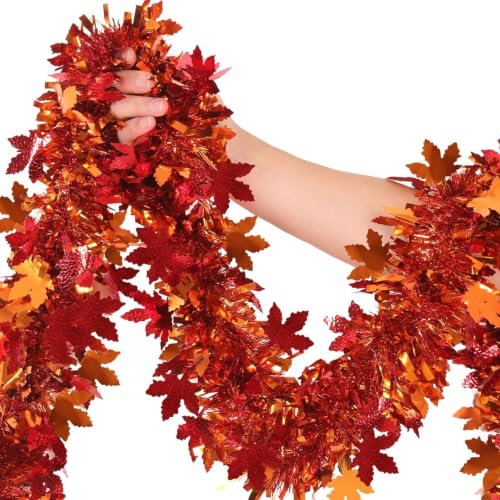 Rainflow 5 Pack Fall Maple Leaves Garland - Orange Red Thanksgiving Tinsel