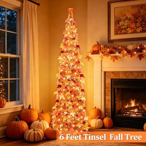 6FT Fall Pop Up Tinsel Tree with Lights - Battery Operated Autumn Decor