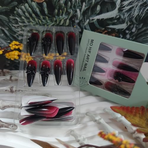 Halloween Long Stiletto False Nails Blood Set - Black Bow Tie Variation 23