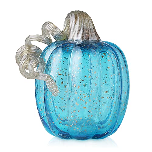 Blue Hand Blown Glass Pumpkin Figurine - 6.1 Inches Fall Decor