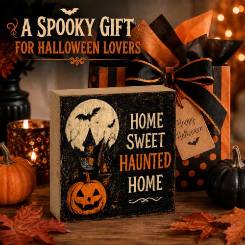 Home Sweet Haunted Home Halloween Wooden Sign - Rustic 5x5 Inch Decor for Tiered Tray, Mantel & Gift