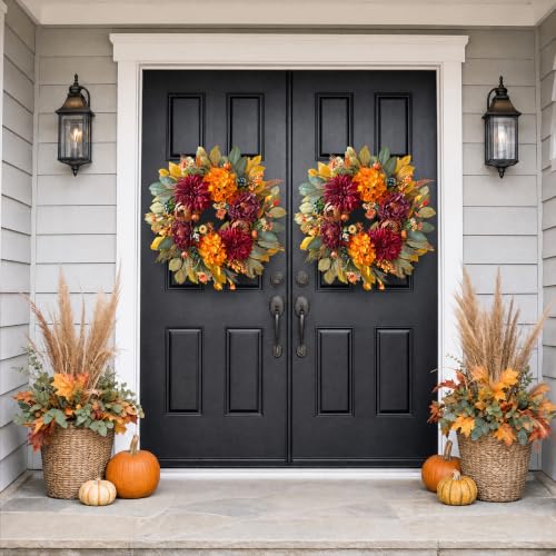 24-Inch Fall Wreath for Front Door - Autumn Decorations, Realistic Artificial Flowers