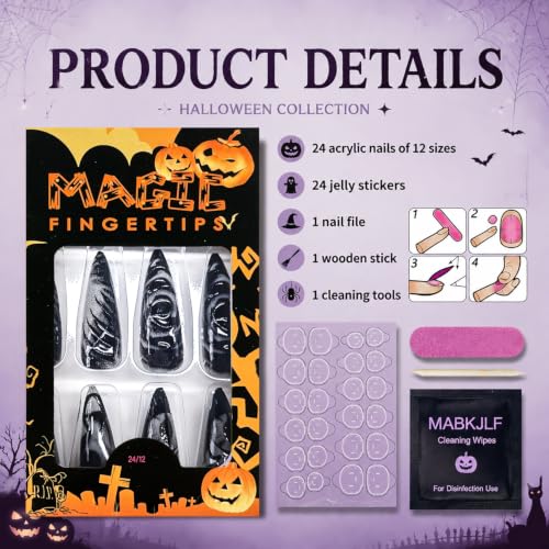 Halloween Black Press On Nails Long Stiletto A59 - Gothic Swirl Abstract Fake Nails Set