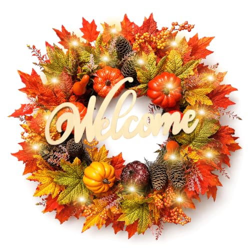 24-Inch Fall Wreath with Lights & Welcome Sign - Autumn Front Door Decor