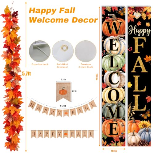 Black Fall Decor Set with Garland & Door Sign - Happy Fall Pumpkin - Fall Maple Leaves
