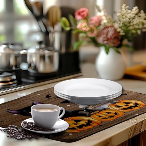 Halloween Spooky Ghost Pumpkin Dish Drying Mat - Ghost Cat Variation 18x24 in