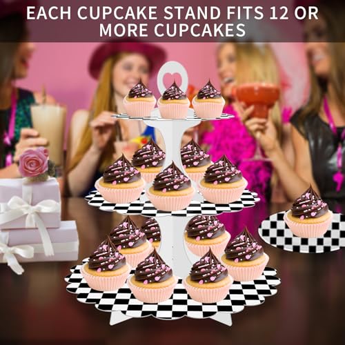 Black White Race Car Cupcake Stand 2-Pack - 3-Tier Dessert Tower for Car Birthday