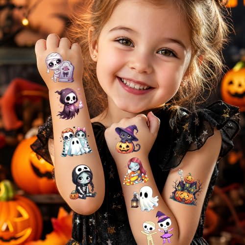 Halloween Pre-Cut Temporary Tattoos for Kids - 192 Designs, 16 Sheets