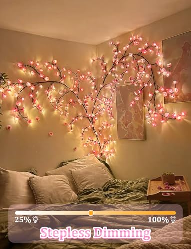 48 LED Pink Cherry Blossom Wall Lights for Bedroom Decor - Dimmable with Remote & Timer