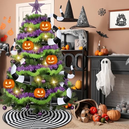 Halloween Tree Decor Skirt - 47 Inch Green Feather Boa & Black-White Sandworm Set