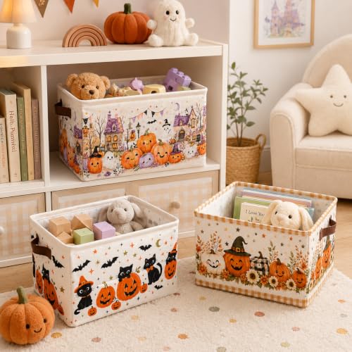 Beige Halloween Foldable Canvas Storage Baskets with Handles - Set of 3