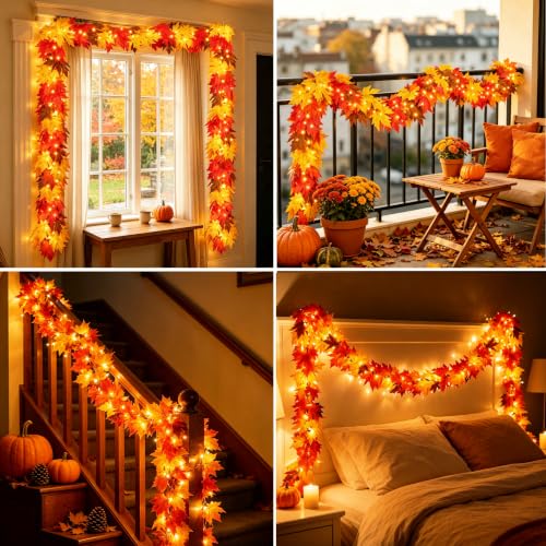 2Pack Fall Garland with Lights 9Ft Lush Leaves Connectable Outdoor Indoor Decor